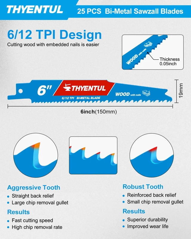 Alt view image 2 of 7 - 25 Pack 6in 6/12TPI Stud and Nail-Embedded Sawzall Blades,Bi-Metal Demolition Reciprocating Saw Blade for Nail-Embedded Wood Cutting,Garden Pruning,Small Branch Pruning,Wood Window Door Demolition