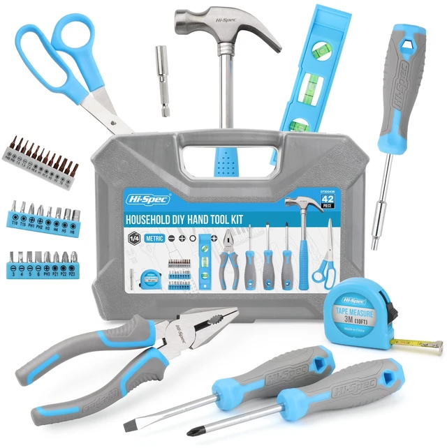 Main image of Household Starter Tool Set with Carry Toolbox for Dorms, Blue 38pc, socket and wrench coverage, roadside fixes, organized box, garage maintenance help, bike and vehicle tasks, quick setup
