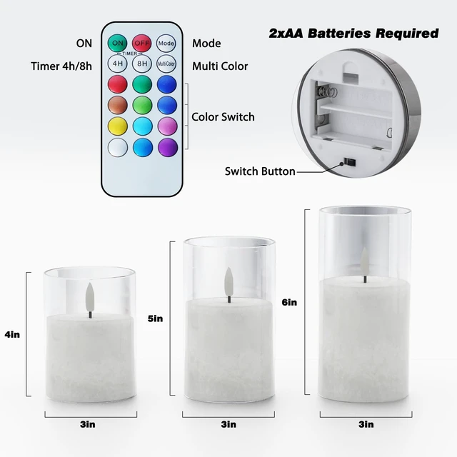 Alt view image 2 of 7 - Battery Operated Flameless Candles with Remote & Timer, 12Color Glass 3Pack Real Wax Crystal Texture, D3×H4/5/6", 2/4/6/8H Timer, Dimming, Flickering Realistic LED Candles for Wedding Table Decor