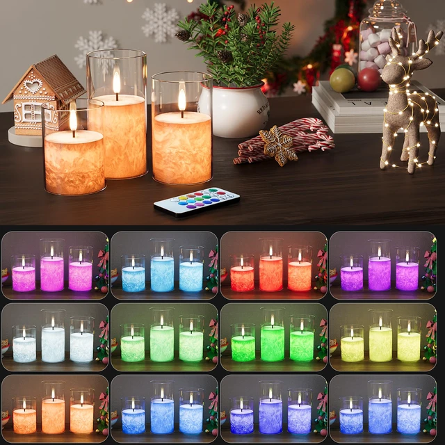 Alt view image 3 of 7 - Battery Operated Flameless Candles with Remote & Timer, 12Color Glass 3Pack Real Wax Crystal Texture, D3×H4/5/6", 2/4/6/8H Timer, Dimming, Flickering Realistic LED Candles for Wedding Table Decor