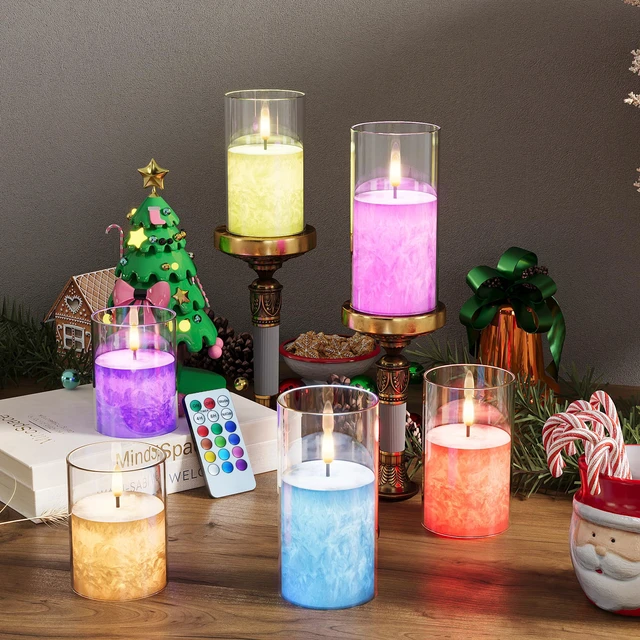 Alt view image 4 of 7 - Battery Operated Flameless Candles with Remote & Timer, 12Color Glass 3Pack Real Wax Crystal Texture, D3×H4/5/6", 2/4/6/8H Timer, Dimming, Flickering Realistic LED Candles for Wedding Table Decor