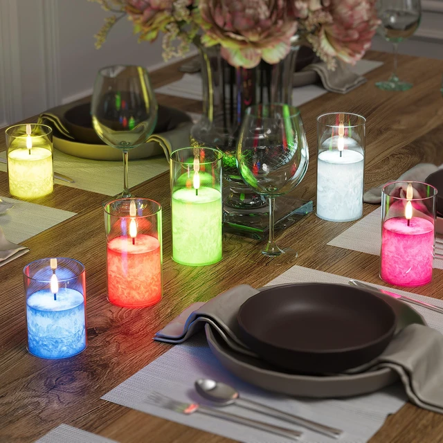 Alt view image 5 of 7 - Battery Operated Flameless Candles with Remote & Timer, 12Color Glass 3Pack Real Wax Crystal Texture, D3×H4/5/6", 2/4/6/8H Timer, Dimming, Flickering Realistic LED Candles for Wedding Table Decor
