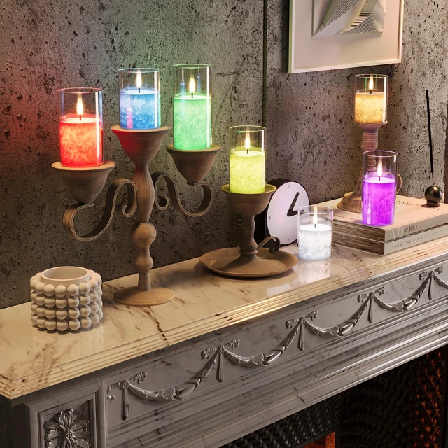 Alt view image 6 of 7 - Battery Operated Flameless Candles with Remote & Timer, 12Color Glass 3Pack Real Wax Crystal Texture, D3×H4/5/6", 2/4/6/8H Timer, Dimming, Flickering Realistic LED Candles for Wedding Table Decor
