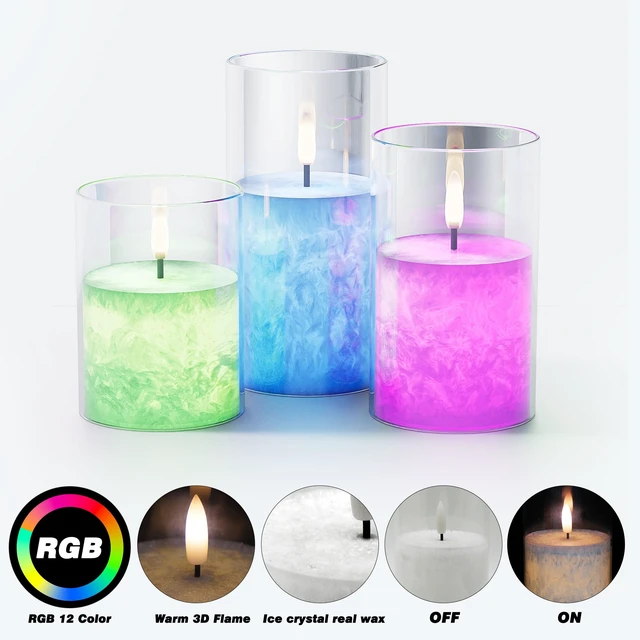 Alt view image 7 of 7 - Battery Operated Flameless Candles with Remote & Timer, 12Color Glass 3Pack Real Wax Crystal Texture, D3×H4/5/6", 2/4/6/8H Timer, Dimming, Flickering Realistic LED Candles for Wedding Table Decor