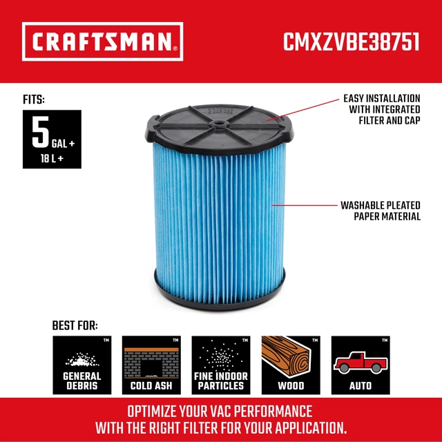 Alt view image 2 of 7 - CMXZVBE38751 Genuine 5-20 Gal. Fine Dust Wet Dry Vacuum Filter Fits Most 5 to 20 Gallon Shop Vacuums, Easy Installation and Traps Fine Particles