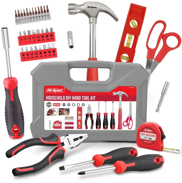 Main image of Household Starter Tool Kit with Compact Carry Toolbox, Red 38pc, everyday fixes made easier, organized portable storage, beginner-friendly selection, apartment and office tasks, tidy