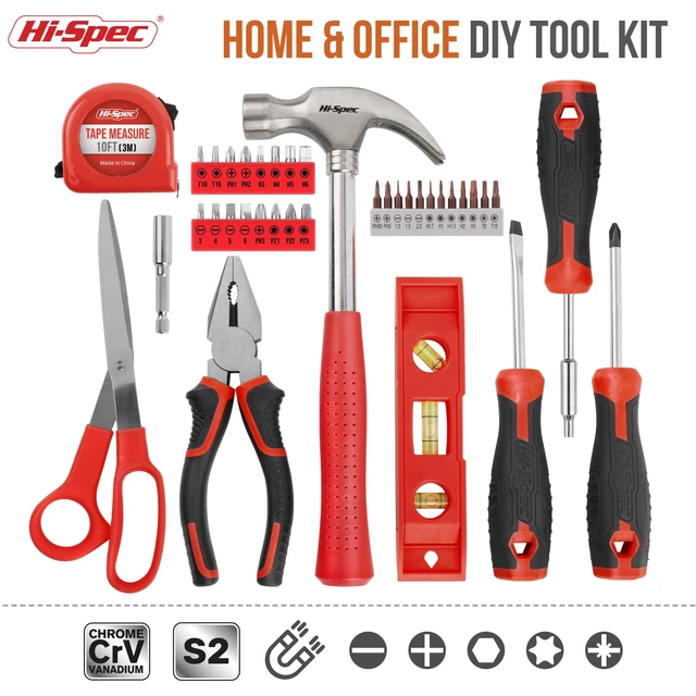 Alt view image 2 of 7 - Household Starter Tool Kit with Compact Carry Toolbox, Red 38pc, everyday fixes made easier, organized portable storage, beginner-friendly selection, apartment and office tasks, tidy