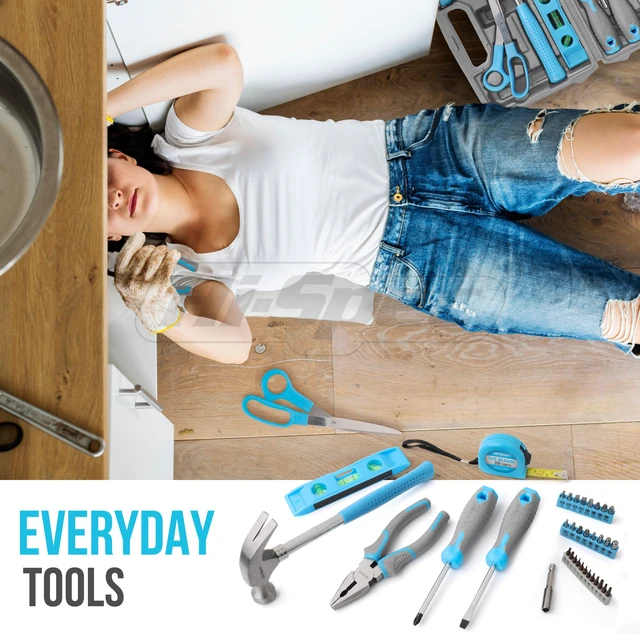 Alt view image 6 of 7 - Household Starter Tool Set with Carry Toolbox for Dorms, Blue 38pc, socket and wrench coverage, roadside fixes, organized box, garage maintenance help, bike and vehicle tasks, quick setup