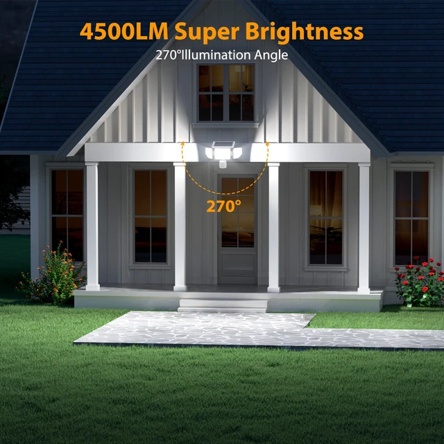 Alt view image 2 of 7 - 4500LM Solar Lights Outdoor, 3 Heads Security Lights with Remote Control, IP65 Waterproof Motion Sensor Lights, 3 Modes Flood Lights for Wall, Porch, Yard, Outside, 2 Pack, White