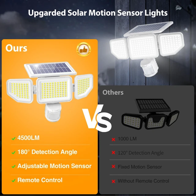 Alt view image 4 of 7 - 4500LM Solar Lights Outdoor, 3 Heads Security Lights with Remote Control, IP65 Waterproof Motion Sensor Lights, 3 Modes Flood Lights for Wall, Porch, Yard, Outside, 2 Pack, White