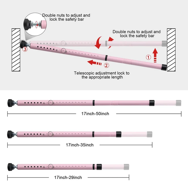 Alt view image 4 of 7 - Sliding Door Security Bar, 17.7-50.5inch Heavy Duty Adjustable Sliding Patio Door Lock Bar with Rubber Tips,Diameter 1inch Window Security Bar for Home Apartment Travel Children Women (Pink)