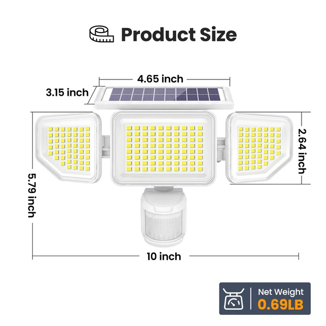 Alt view image 5 of 7 - 4500LM Solar Lights Outdoor, 3 Heads Security Lights with Remote Control, IP65 Waterproof Motion Sensor Lights, 3 Modes Flood Lights for Wall, Porch, Yard, Outside, 2 Pack, White