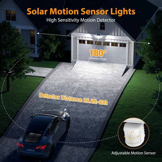 Alt view image 3 of 7 - 4500LM Solar Lights Outdoor, 3 Heads Security Lights with Remote Control, IP65 Waterproof Motion Sensor Lights, 3 Modes Flood Lights for Wall, Porch, Yard, Outside, 2 Pack, White
