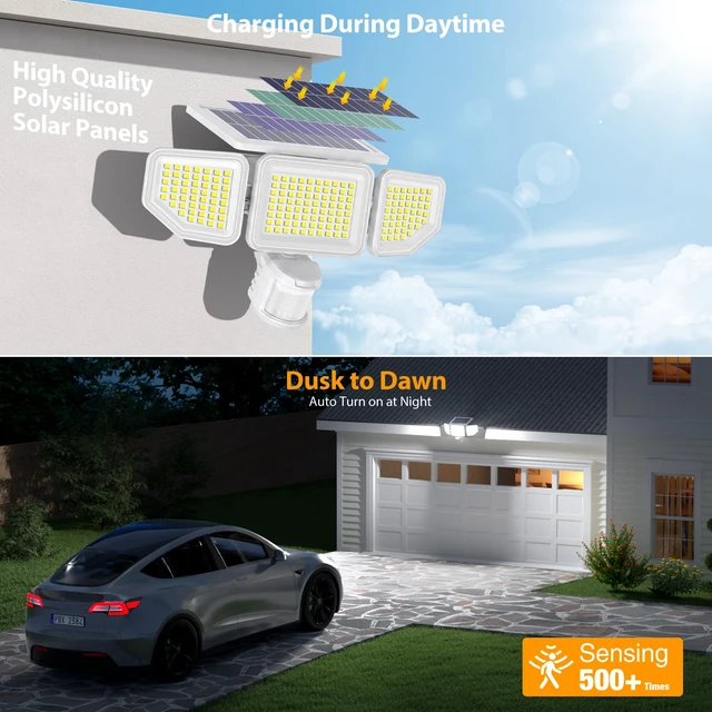 Alt view image 6 of 7 - 4500LM Solar Lights Outdoor, 3 Heads Security Lights with Remote Control, IP65 Waterproof Motion Sensor Lights, 3 Modes Flood Lights for Wall, Porch, Yard, Outside, 2 Pack, White
