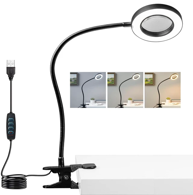 Main image of Clip on Lamp, 5X Magnifying Glass with Light LED Desk Clip Lamps Clamp Desk Lamp Bright Clip Light for Bed Bedside Table, Reading Light for Bed, Desk Lights (Black with Magnifying)