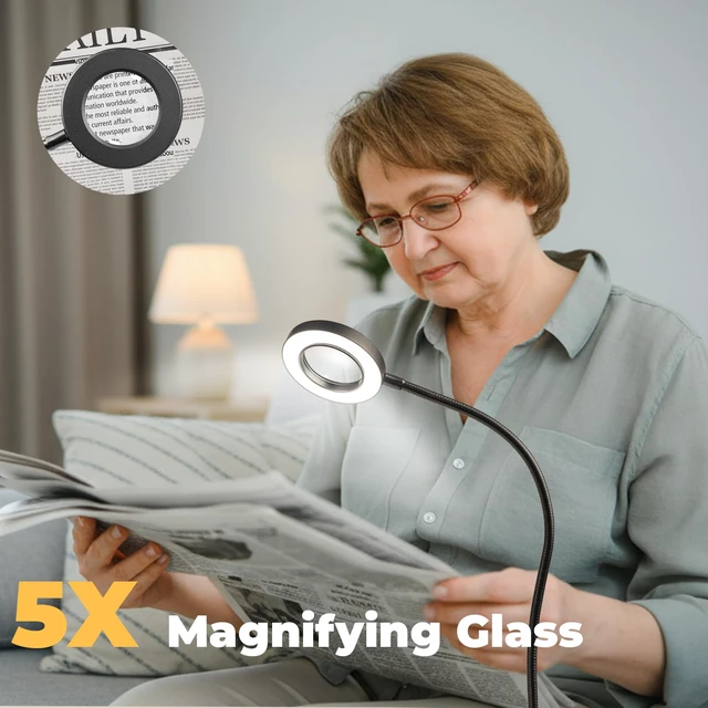 Alt view image 2 of 7 - Clip on Lamp, 5X Magnifying Glass with Light LED Desk Clip Lamps Clamp Desk Lamp Bright Clip Light for Bed Bedside Table, Reading Light for Bed, Desk Lights (Black with Magnifying)