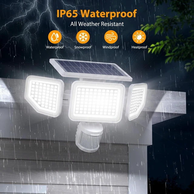 Alt view image 7 of 7 - 4500LM Solar Lights Outdoor, 3 Heads Security Lights with Remote Control, IP65 Waterproof Motion Sensor Lights, 3 Modes Flood Lights for Wall, Porch, Yard, Outside, 2 Pack, White