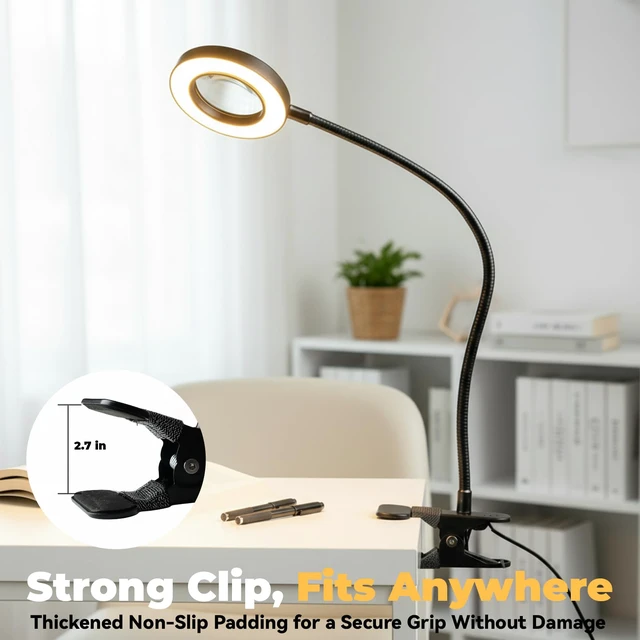 Alt view image 4 of 7 - Clip on Lamp, 5X Magnifying Glass with Light LED Desk Clip Lamps Clamp Desk Lamp Bright Clip Light for Bed Bedside Table, Reading Light for Bed, Desk Lights (Black with Magnifying)