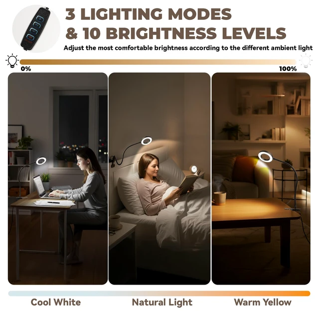 Alt view image 3 of 7 - Clip on Lamp, 5X Magnifying Glass with Light LED Desk Clip Lamps Clamp Desk Lamp Bright Clip Light for Bed Bedside Table, Reading Light for Bed, Desk Lights (Black with Magnifying)
