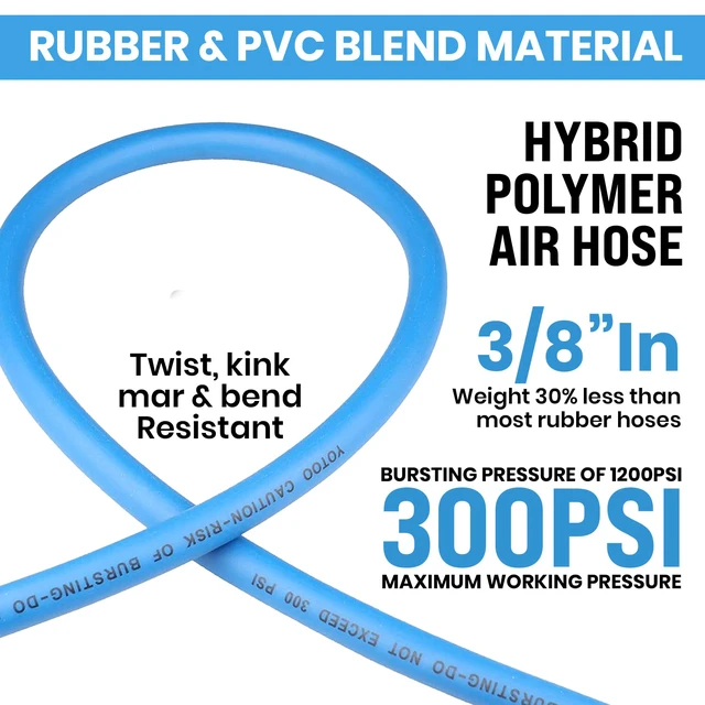 Alt view image 2 of 6 - Air Hose 3/8 in x 50 ft, Heavy Duty Hybrid Air Compressor Hose, Flexible, Lightweight, Kink Resistant with 1/4" Industrial Quick Coupler Fittings, Bend Restrictors, Blue