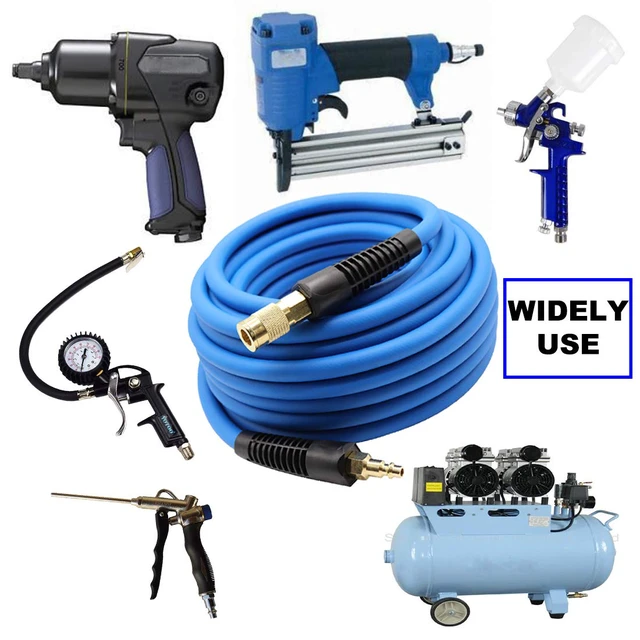 Alt view image 6 of 6 - Hybrid Air Hose 3/8-Inch by 100-Feet 300 PSI Heavy Duty, Lightweight, Kink Resistant, All-Weather Flexibility with 1/4-Inch Industrial Quick Coupler Fittings, Bend Restrictors, Blue