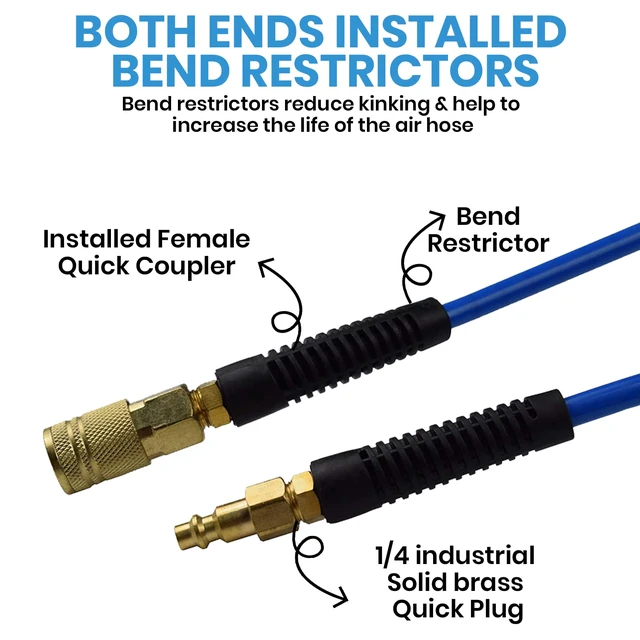 Alt view image 3 of 6 - Air Hose 3/8 in x 50 ft, Heavy Duty Hybrid Air Compressor Hose, Flexible, Lightweight, Kink Resistant with 1/4" Industrial Quick Coupler Fittings, Bend Restrictors, Blue