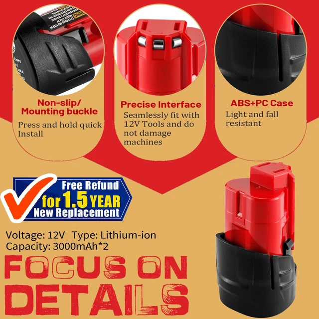 Alt view image 3 of 4 - UPGRADE!2 Pack 3.0Ah Replacement for Milwaukee M12 12V Lithium Ion Battery, Compatible with Milwaukee 12V Tools / Heated Jacket 48-11-2420 48-11-2440 48-11-2402 48-11-2411 Cordless Power Tools