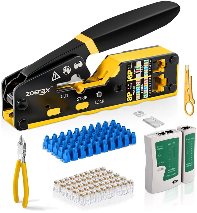 Main image of Ethernet Crimping Tool Kit RJ45 Crimp Tools,CAT5 Cat5e Cat6 RJ45 Crimping Tool Kit With Cable Tester, Mini Stripper, Blades,50Pcs Cat 6 Pass Through Connectors and Strain Relief Boots