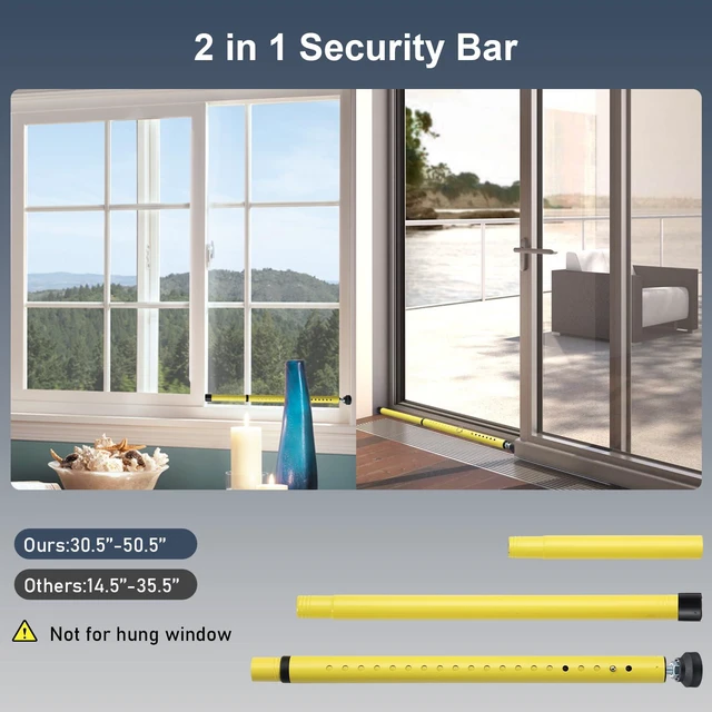 Alt view image 3 of 7 - Sliding Door Security Bar, 17.7-50.5inch Heavy Duty Adjustable Sliding Patio Door Lock Bar with Rubber Tips,Diameter 1inch Window Security Bar for Home Apartment Travel Children Women (Yellow)