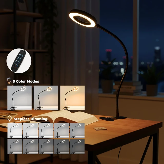 Alt view image 5 of 7 - Clip on Lamp, 5X Magnifying Glass with Light LED Desk Clip Lamps Clamp Desk Lamp Bright Clip Light for Bed Bedside Table, Reading Light for Bed, Desk Lights (Black with Magnifying)