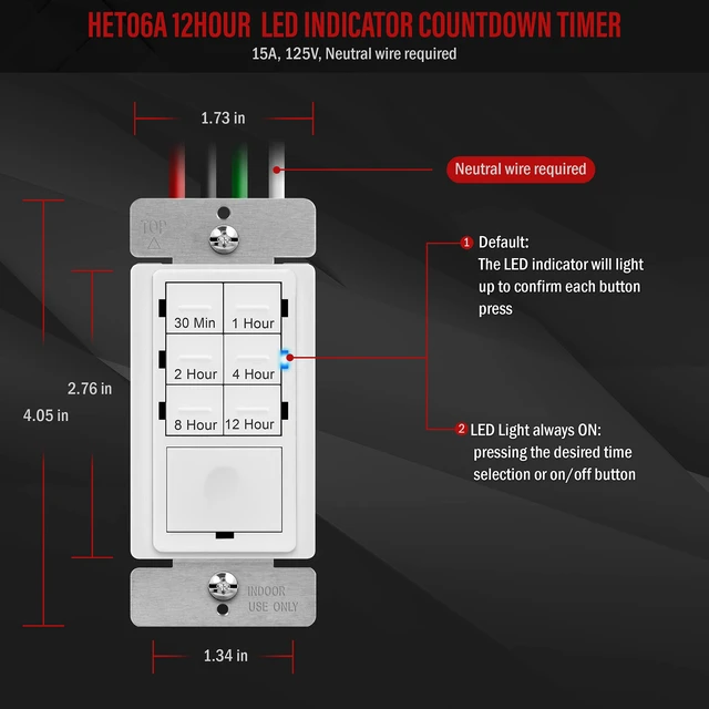 Alt view image 3 of 7 - 12-Hour Neutral Timer Switch for Patio, Path, Porch Lights 30Min-12Hr Countdown Timer for Fan, Sprinklers, Motor and Ventilation, 1/2HP Support, Single Pole, UL Listed, White