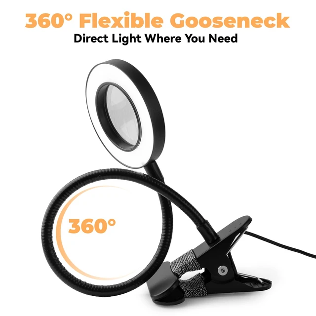 Alt view image 7 of 7 - Clip on Lamp, 5X Magnifying Glass with Light LED Desk Clip Lamps Clamp Desk Lamp Bright Clip Light for Bed Bedside Table, Reading Light for Bed, Desk Lights (Black with Magnifying)