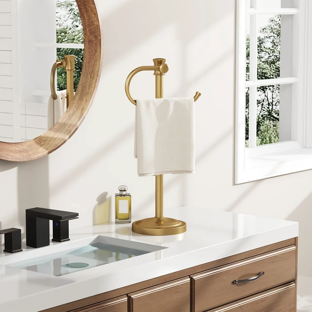 Alt view image 2 of 7 - Stand Hand Towel Holder, Countertop Towel Bar, Brushed Gold 17 Inch Bathroom Towel Hanger, Freestanding Vanity Counter Top Towel Holder, Towel Ring Hardware Accessories, Stainless Steel