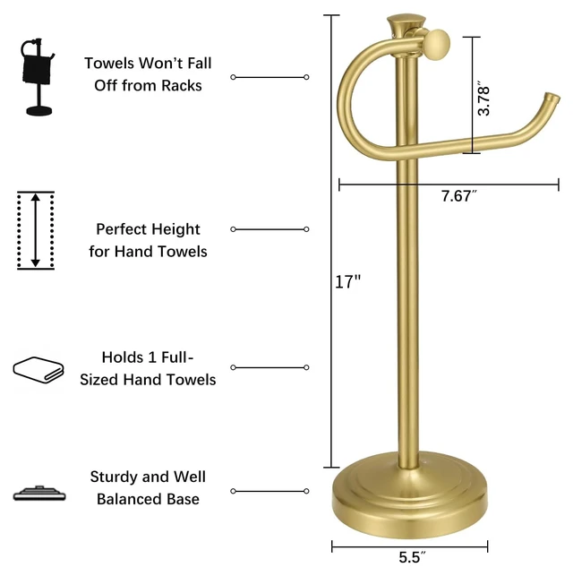 Alt view image 3 of 7 - Stand Hand Towel Holder, Countertop Towel Bar, Brushed Gold 17 Inch Bathroom Towel Hanger, Freestanding Vanity Counter Top Towel Holder, Towel Ring Hardware Accessories, Stainless Steel