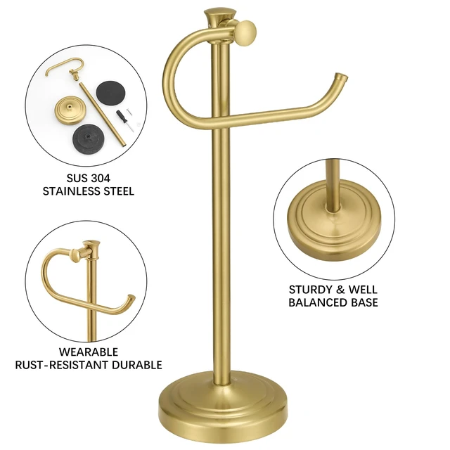 Alt view image 4 of 7 - Stand Hand Towel Holder, Countertop Towel Bar, Brushed Gold 17 Inch Bathroom Towel Hanger, Freestanding Vanity Counter Top Towel Holder, Towel Ring Hardware Accessories, Stainless Steel