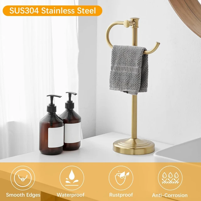 Alt view image 5 of 7 - Stand Hand Towel Holder, Countertop Towel Bar, Brushed Gold 17 Inch Bathroom Towel Hanger, Freestanding Vanity Counter Top Towel Holder, Towel Ring Hardware Accessories, Stainless Steel
