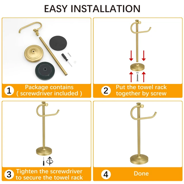 Alt view image 7 of 7 - Stand Hand Towel Holder, Countertop Towel Bar, Brushed Gold 17 Inch Bathroom Towel Hanger, Freestanding Vanity Counter Top Towel Holder, Towel Ring Hardware Accessories, Stainless Steel
