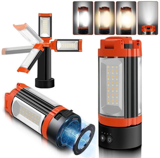 Main image of Rechargeable 10000mAh Camping Light with 3 LED Lamp Heads Cordless Work Light, 2200 Lumens Dimmable Magnetic Emergency Flashlight, Orange