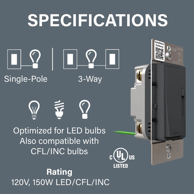 Alt view image 2 of 6 - Radiant 150W LED Dimmer Light Switch 3-Way Rocker Graphite 1 Pack Pass & Seymour LED Optimized, Decorator Rocker Dimmer Switch, for Dimmable LED Bulbs, Flicker-Free