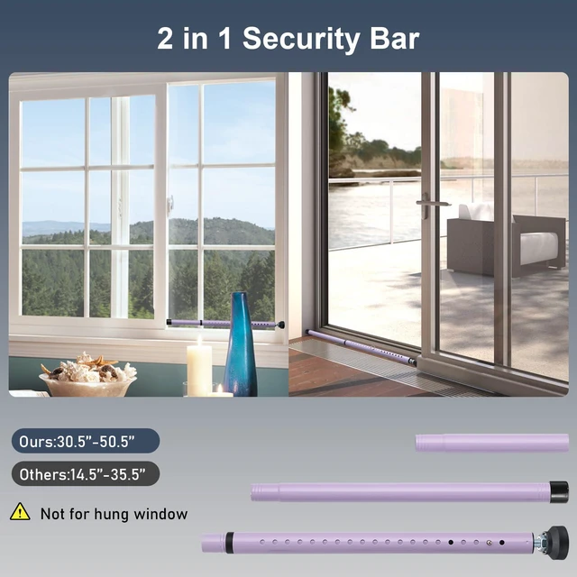 Alt view image 3 of 7 - Sliding Door Security Bar, 17.7-50.5inch Heavy Duty Adjustable Sliding Patio Door Lock Bar with Rubber Tips,Diameter 1inch Window Security Bar for Home Apartment Travel Children Women (Purple)
