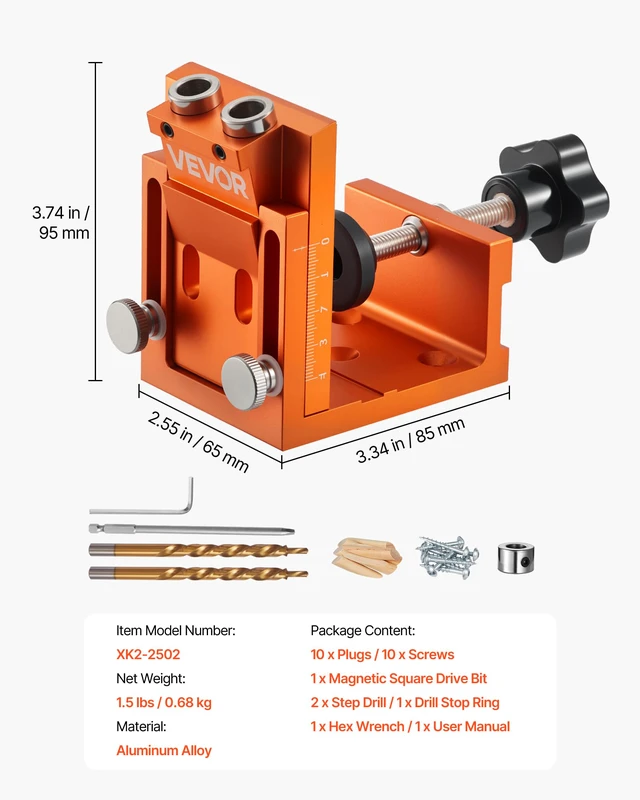 Alt view image 7 of 7 - Pocket Hole Jig Kit, 0.47 to 1.89 in Adjustable, Jig Pocket Hole System with Step Drill, Hex Wrench, Drill Stop Ring, Square Drive Bit, Plugs and Screws, Reinforced Metal Frame, for Woodworking