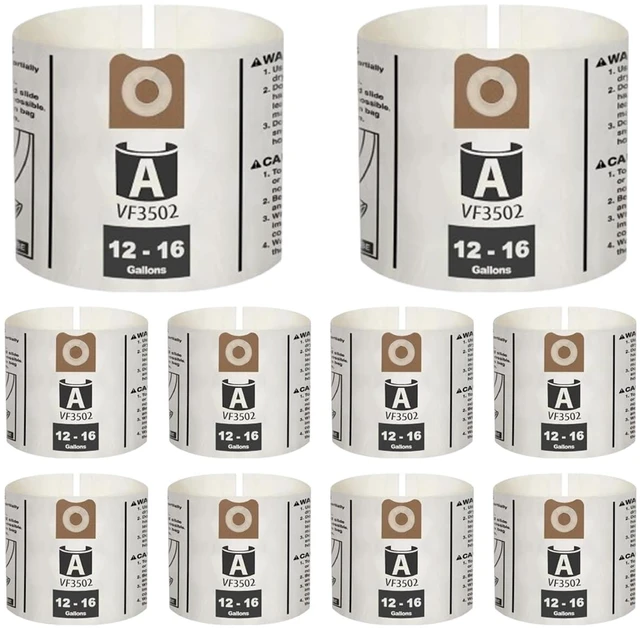 Main image of 10 Pack VF3502 Size A Average Performance Dust Filter Bags, Part# 23743 Fit RIDGID 12-16 Gallon Wet/Dry Vacuums Models# WD14500 HD12000 HD14000 HD16400 HD18000 WD12701, 2-Layer Filtration Material