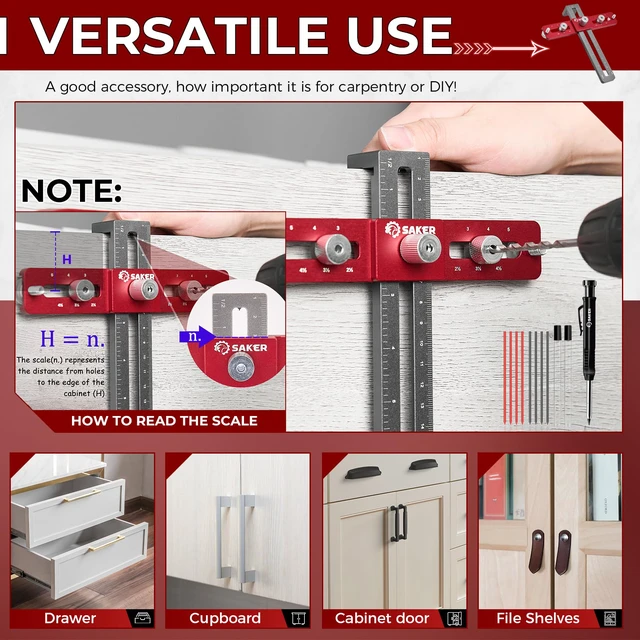Alt view image 4 of 6 - Cabinet Hardware Jig, Cabinet Handle Doweling Template Tool Cabinet Handle Jig for Knobs and Pull, Adjustable Self Centering Punch Locator Precise Woodworking Drill Guide
