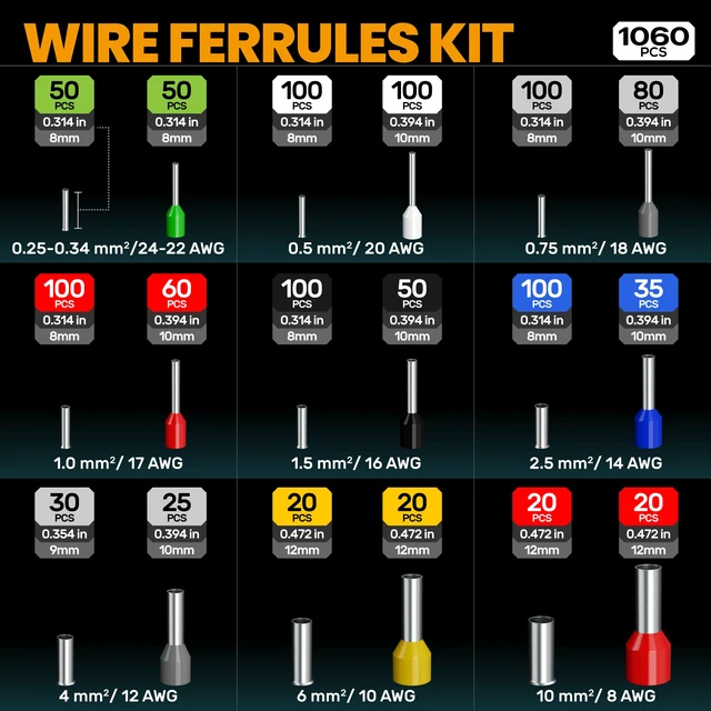 Alt view image 4 of 7 - Ferrule Crimping Tool Kit, 24-8 AWG Crimper 18 Sizes Wire Ferrules Insulated & Non-insulated Ferrule Terminals, Self-Adjusting Ratchet Square Crimper, for Cables, Car Audio & DIY Electronics