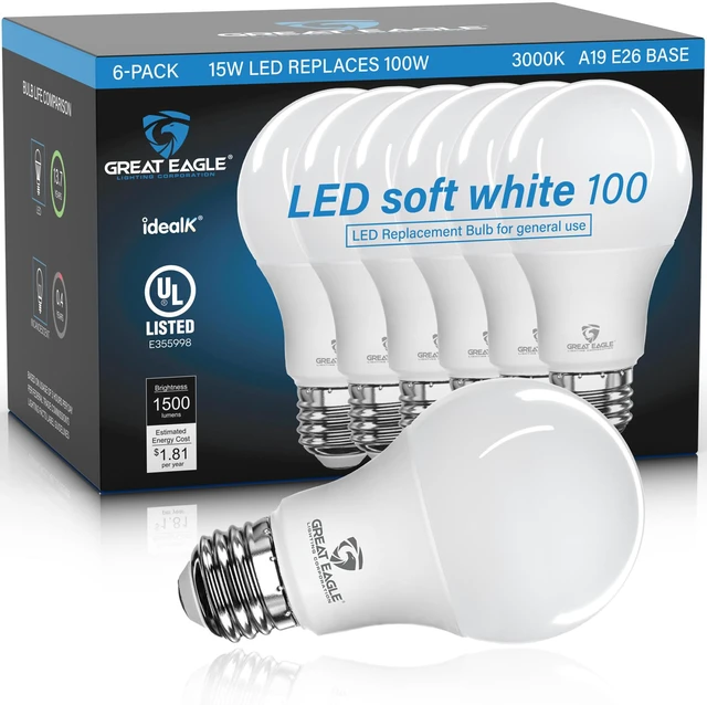 Main image of A19 LED Light Bulbs 100 Watt Equivalent - UL Listed - Soft White 3000K LED Light Bulbs, 15W Non-Dimmable, 1500 Lumens (6 Pack)