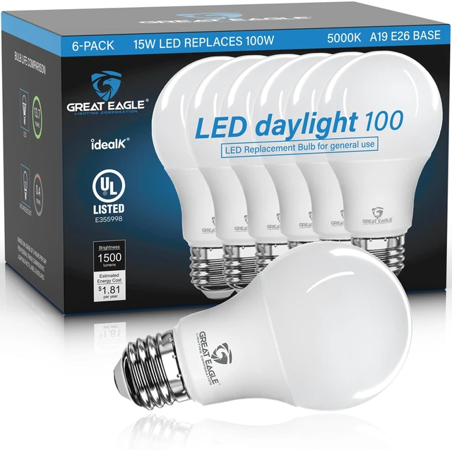 Main image of A19 LED Light Bulbs 100 Watt Equivalent - UL Listed - Daylight 5000K LED Light Bulbs, 15W Non-Dimmable, 1500 Lumens (6 Pack)