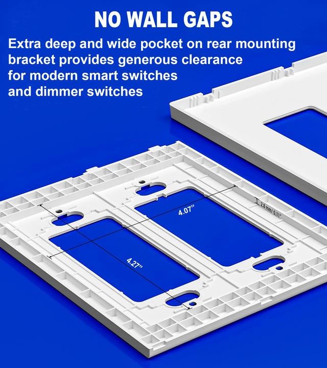 Alt view image 3 of 7 - OVERSIZED Screwless Switch Plate - 5.5" x 5.5" - Jumbo 2 Gang Decorator GFCI Style - Unbreakable Polycarbonate - Two Gang Screwless Light Switch Cover Plate - Glossy White (5 Pack)