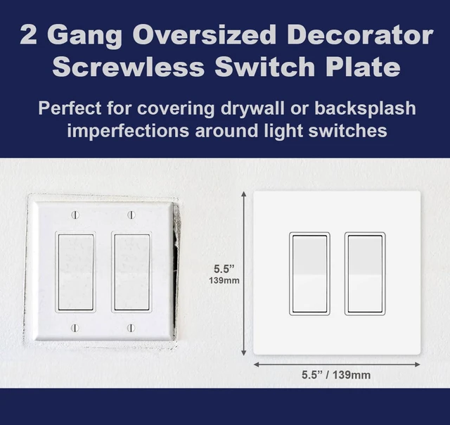 Alt view image 2 of 7 - OVERSIZED Screwless Switch Plate - 5.5" x 5.5" - Jumbo 2 Gang Decorator GFCI Style - Unbreakable Polycarbonate - Two Gang Screwless Light Switch Cover Plate - Glossy White (5 Pack)