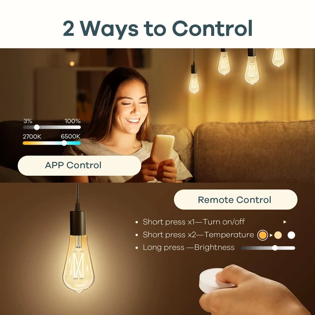 Alt view image 3 of 7 - Smart Edison Light Bulb, ST19 (58) Vintage Bulb, 2 Pack with Remote Works with Alexa/Google Home, 2700K-6500K Warm White to Daylight LED Filament Bulb, Smart Dimming, WiFi E26 Bulb 8W 60W 800LM