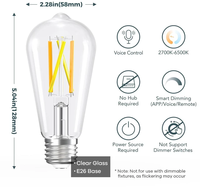 Alt view image 2 of 7 - Smart Edison Light Bulb, ST19 (58) Vintage Bulb, 2 Pack with Remote Works with Alexa/Google Home, 2700K-6500K Warm White to Daylight LED Filament Bulb, Smart Dimming, WiFi E26 Bulb 8W 60W 800LM